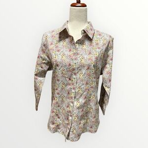 LL Bean Wrinkle Free Oxford Floral Print Button Down Shirt Cotton Women's Medium